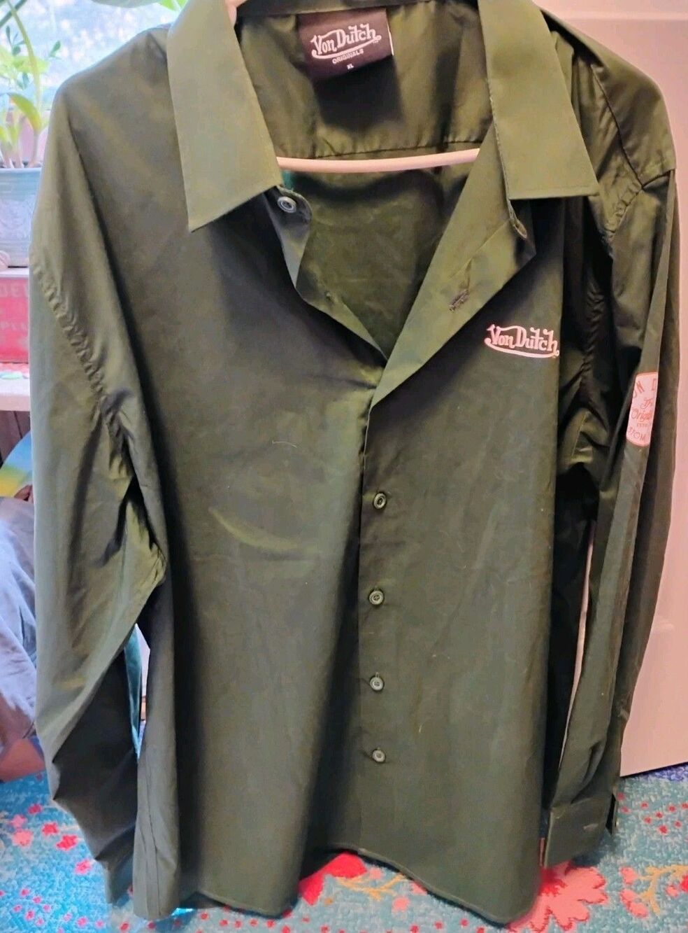 Von Dutch Originals Green Long Sleeve Work Shirt Logo Mens XL